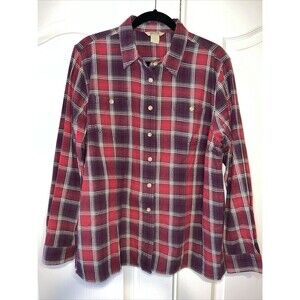 Duluth Trading Co. Women’s XL Free Swingin Red Purple Cotton Plaid Flannel Shirt
